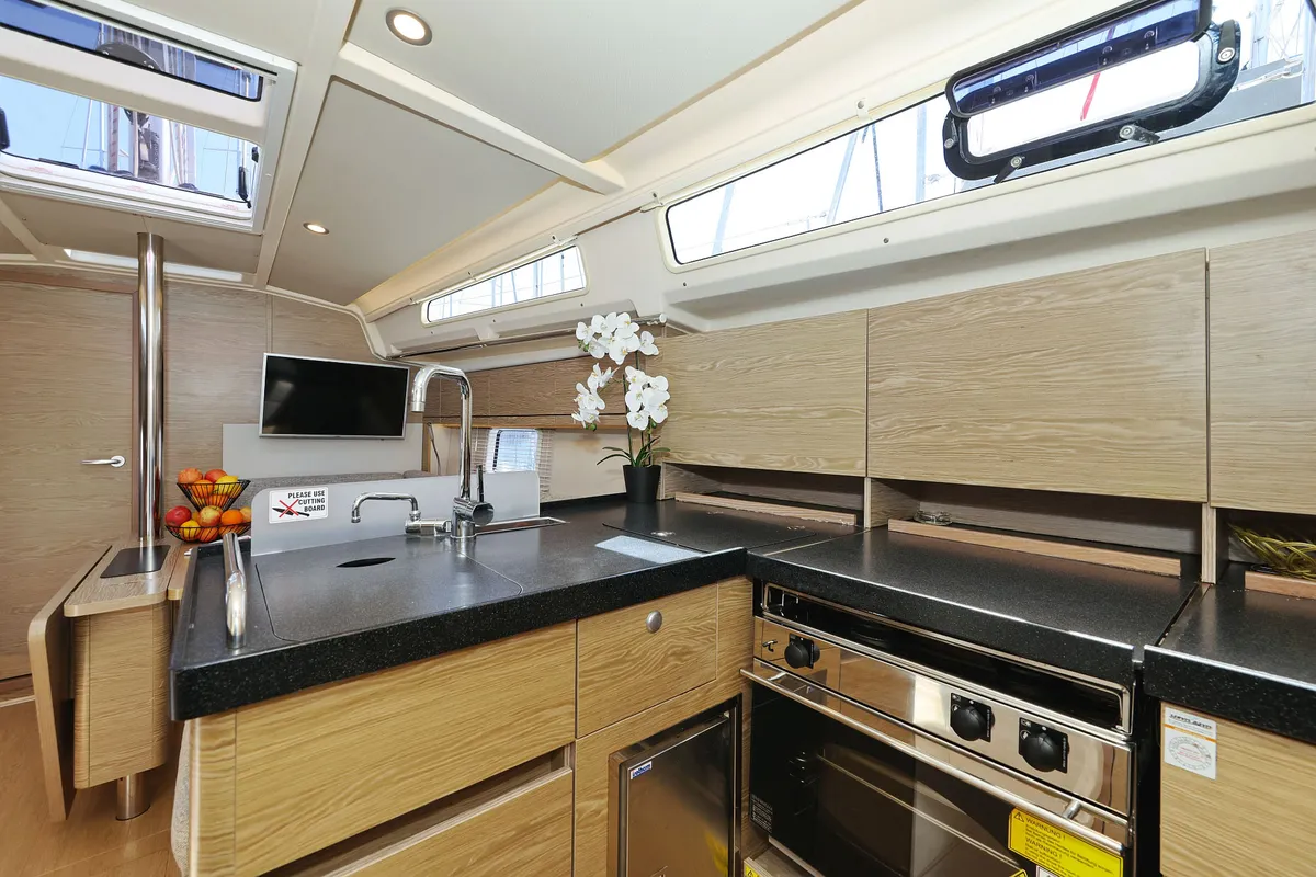 Galley of Brukus, a Hanse 388 sailboat at Grad Biograd na Moru, Croatia