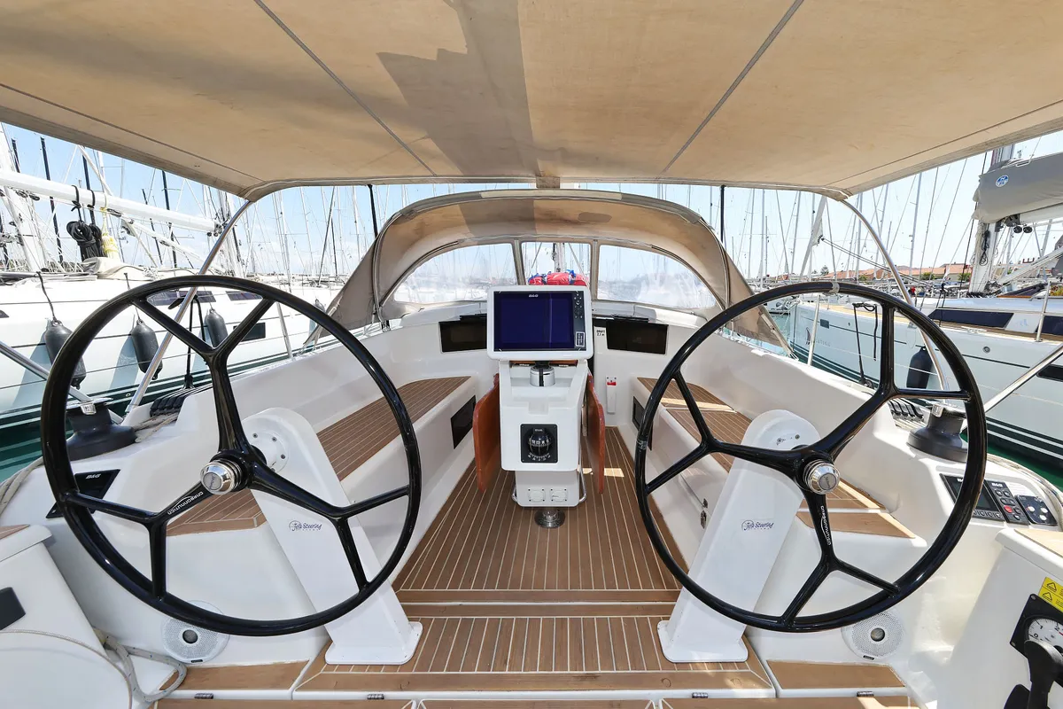 Cockpit of Brukus, a Hanse 388 sailboat at Grad Biograd na Moru, Croatia