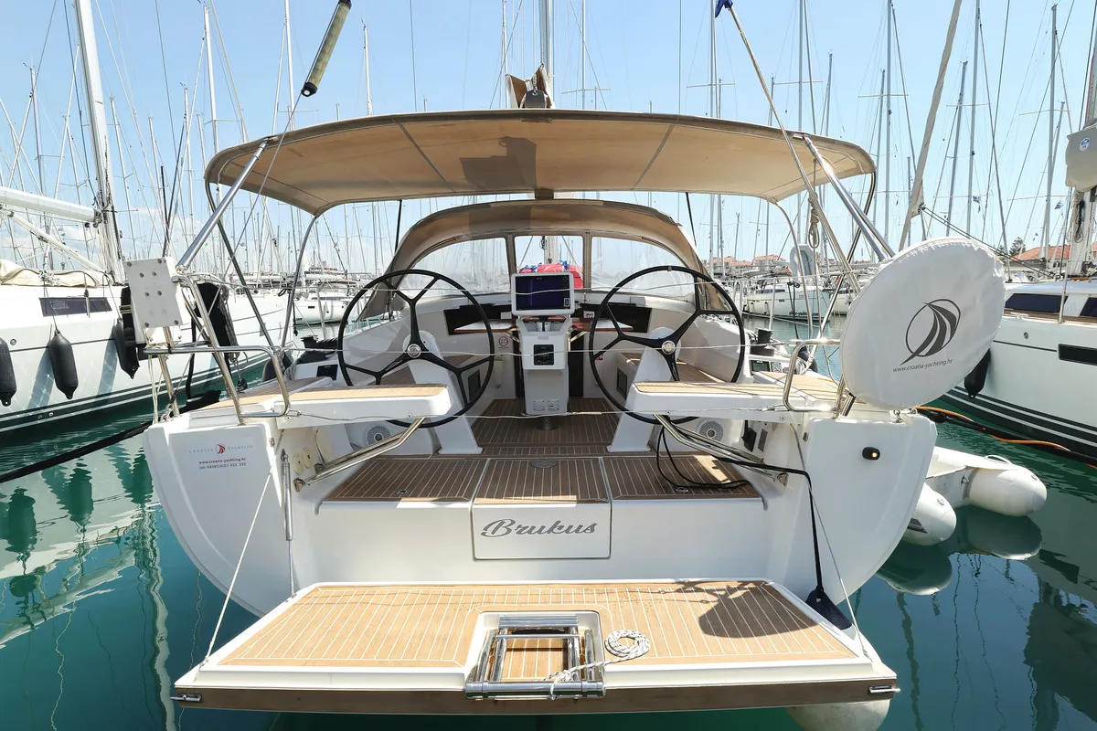 Exterior view of Brukus, a Hanse 388 sailboat at Grad Biograd na Moru, Croatia