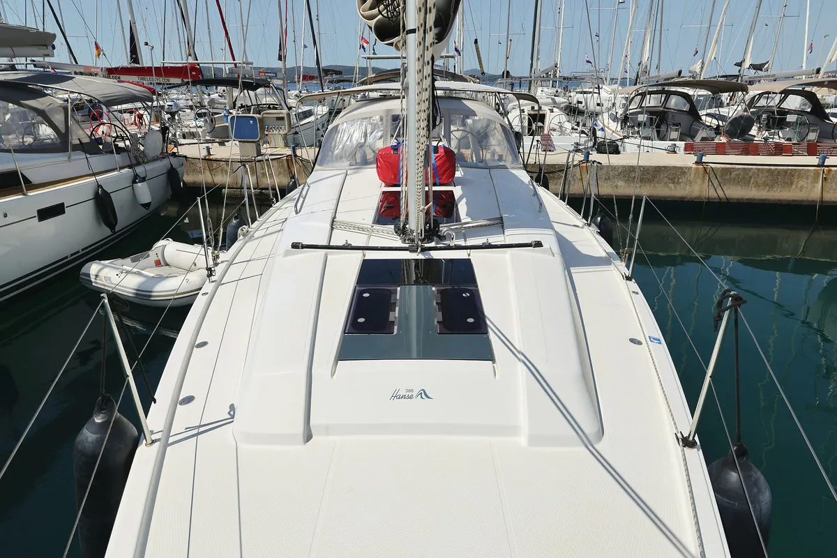 Exterior view of Brukus, a Hanse 388 sailboat at Grad Biograd na Moru, Croatia