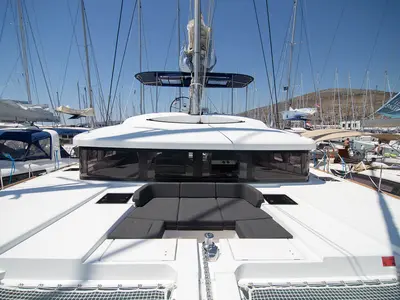 Cockpit of El Presidente, a Lagoon 52 F catamaran at Palma de Mallorca, Spain