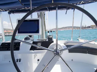 Salon of El Presidente, a Lagoon 52 F catamaran at Palma de Mallorca, Spain
