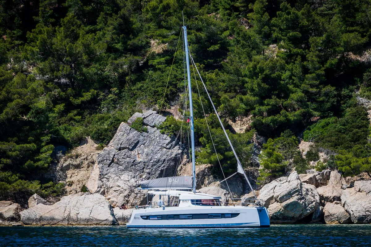 Exterior view of Gaja, a Bali Catsmart OW catamaran at Grad Šibenik, Croatia