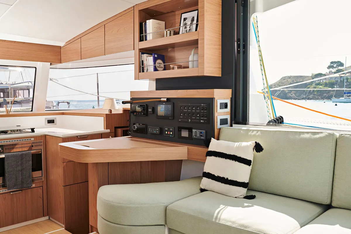 Salon of Gaja, a Bali Catsmart OW catamaran at Grad Šibenik, Croatia