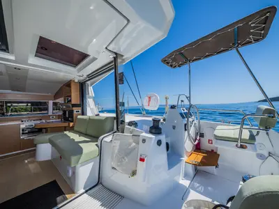 Cockpit of Gaja, a Bali Catsmart OW catamaran at Grad Šibenik, Croatia