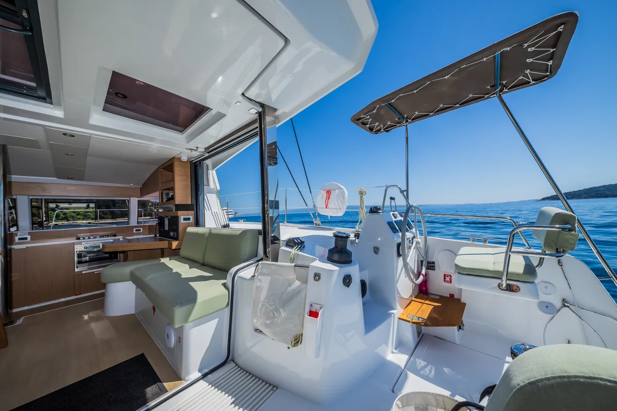 Cockpit of Gaja, a Bali Catsmart OW catamaran at Grad Šibenik, Croatia