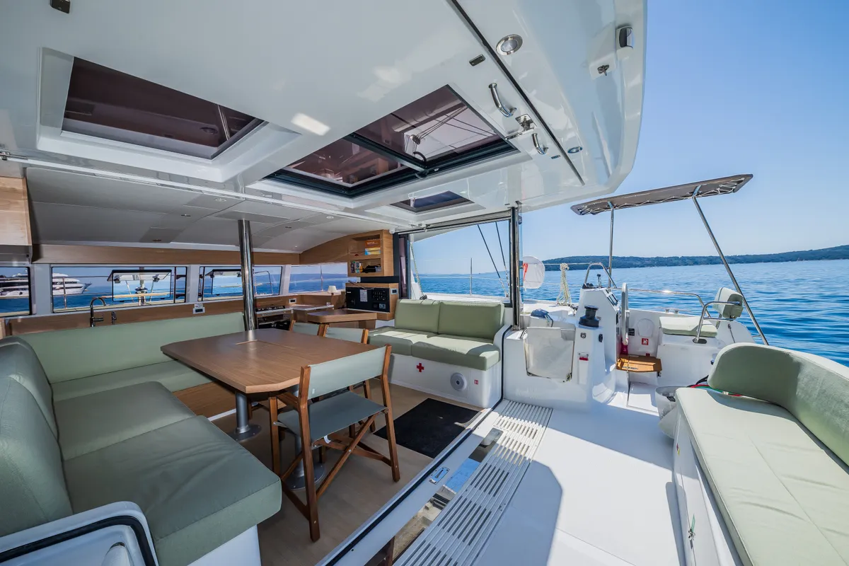 Salon of Gaja, a Bali Catsmart OW catamaran at Grad Šibenik, Croatia
