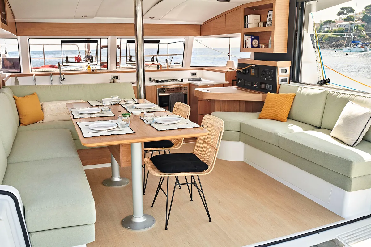 Salon of Gaja, a Bali Catsmart OW catamaran at Grad Šibenik, Croatia