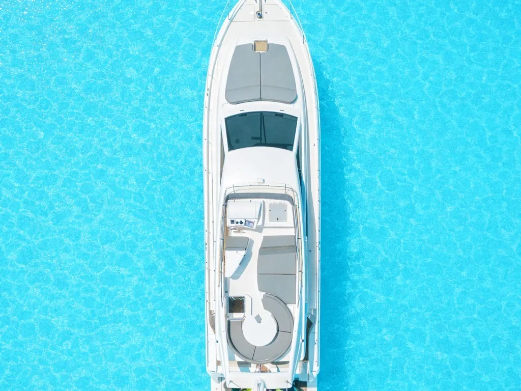 Exterior view of Secret, a Ferretti 53 motor yacht at Mykonos, Greece