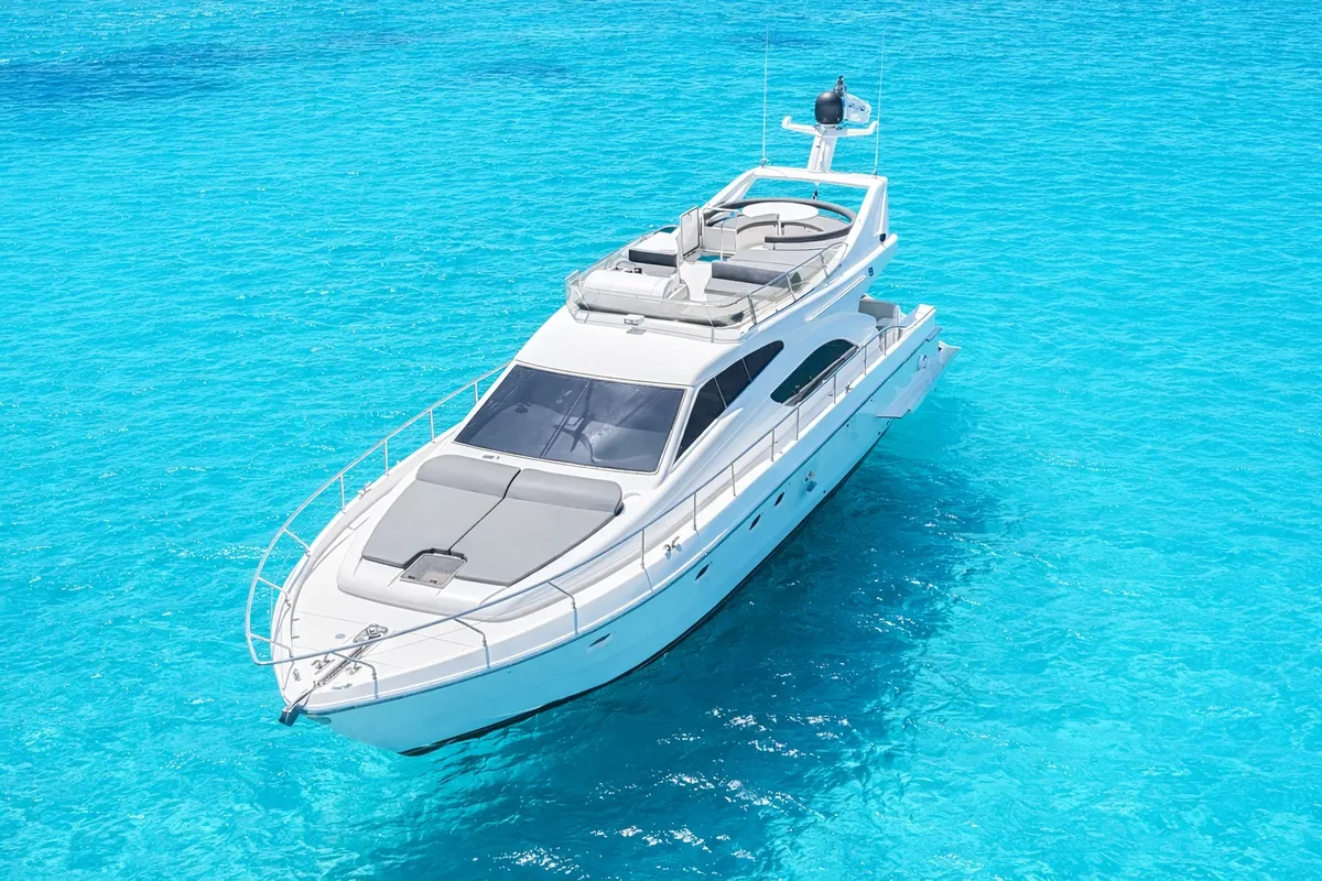 Exterior view of Secret, a Ferretti 53 motor yacht at Mykonos, Greece