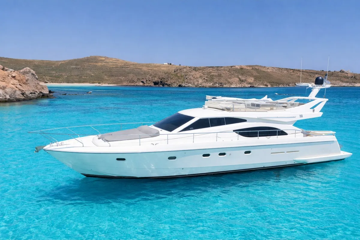 Exterior view of Secret, a Ferretti 53 motor yacht at Mykonos, Greece
