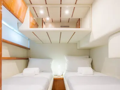Cabin on Secret, a Ferretti 53 motor yacht at Mykonos, Greece