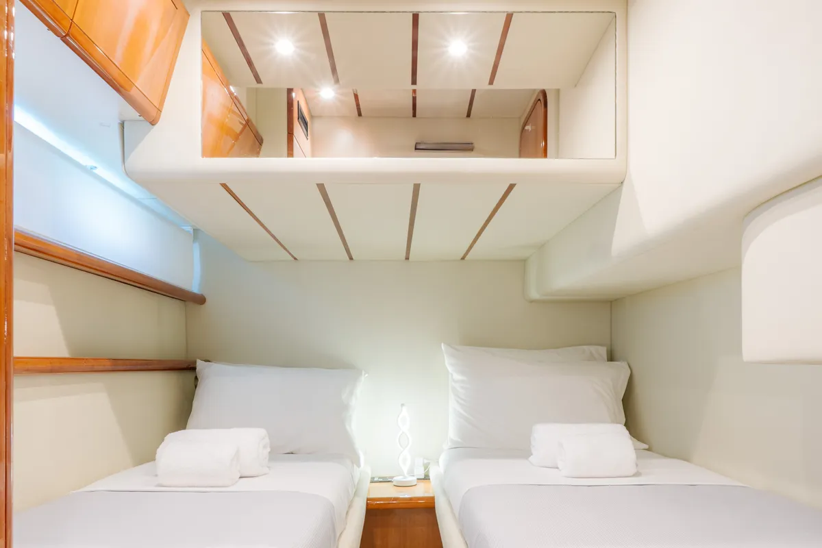 Cabin on Secret, a Ferretti 53 motor yacht at Mykonos, Greece