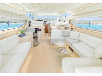 Salon of Secret, a Ferretti 53 motor yacht at Mykonos, Greece