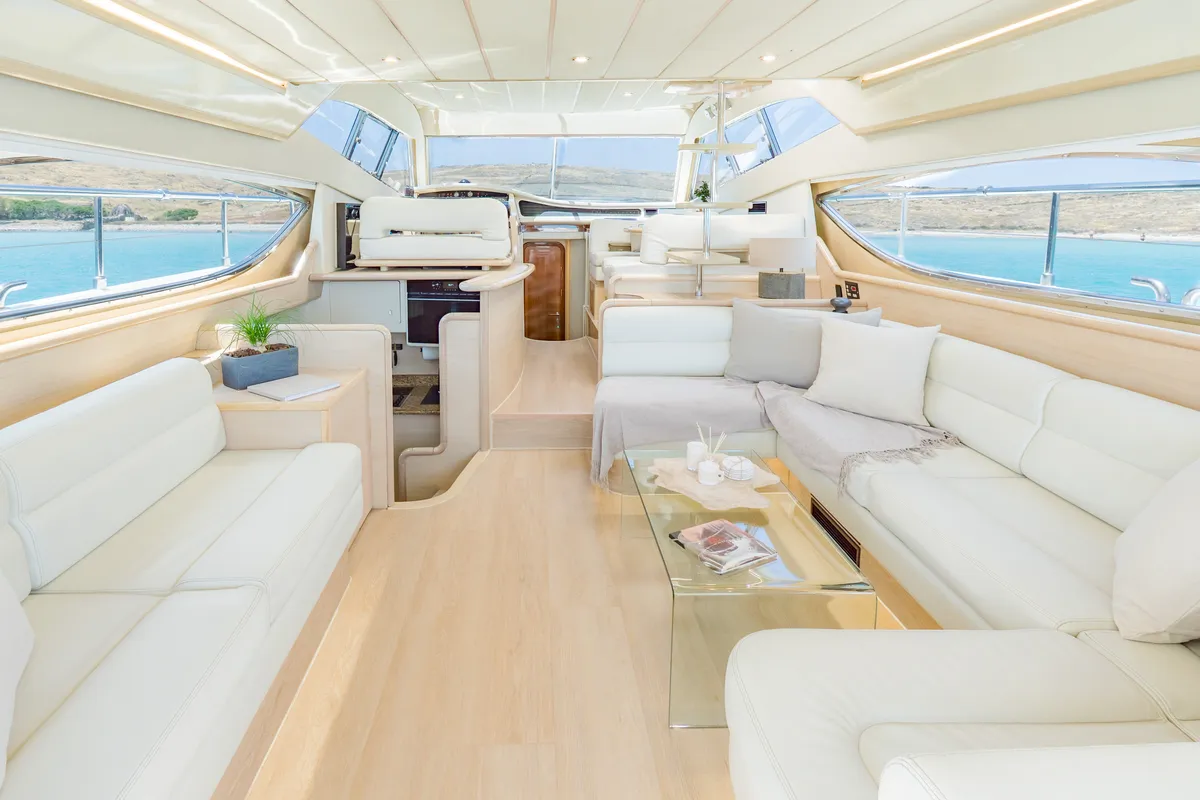 Salon of Secret, a Ferretti 53 motor yacht at Mykonos, Greece