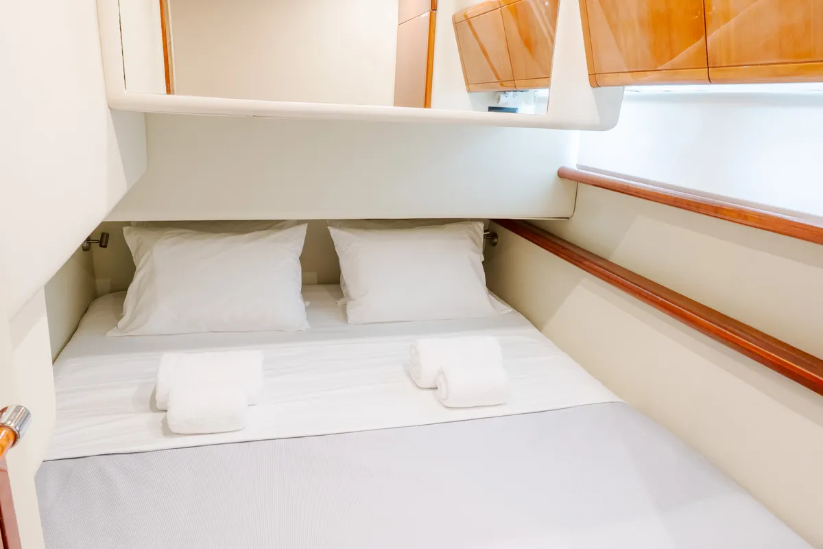 Cabin on Secret, a Ferretti 53 motor yacht at Mykonos, Greece