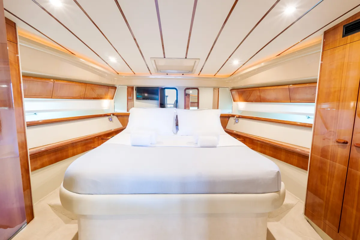 Cabin on Secret, a Ferretti 53 motor yacht at Mykonos, Greece