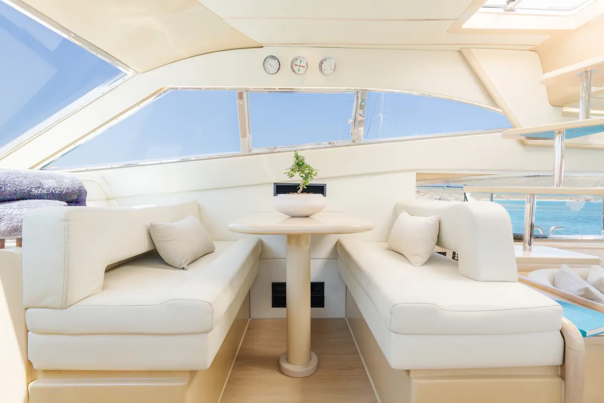 Salon of Secret, a Ferretti 53 motor yacht at Mykonos, Greece