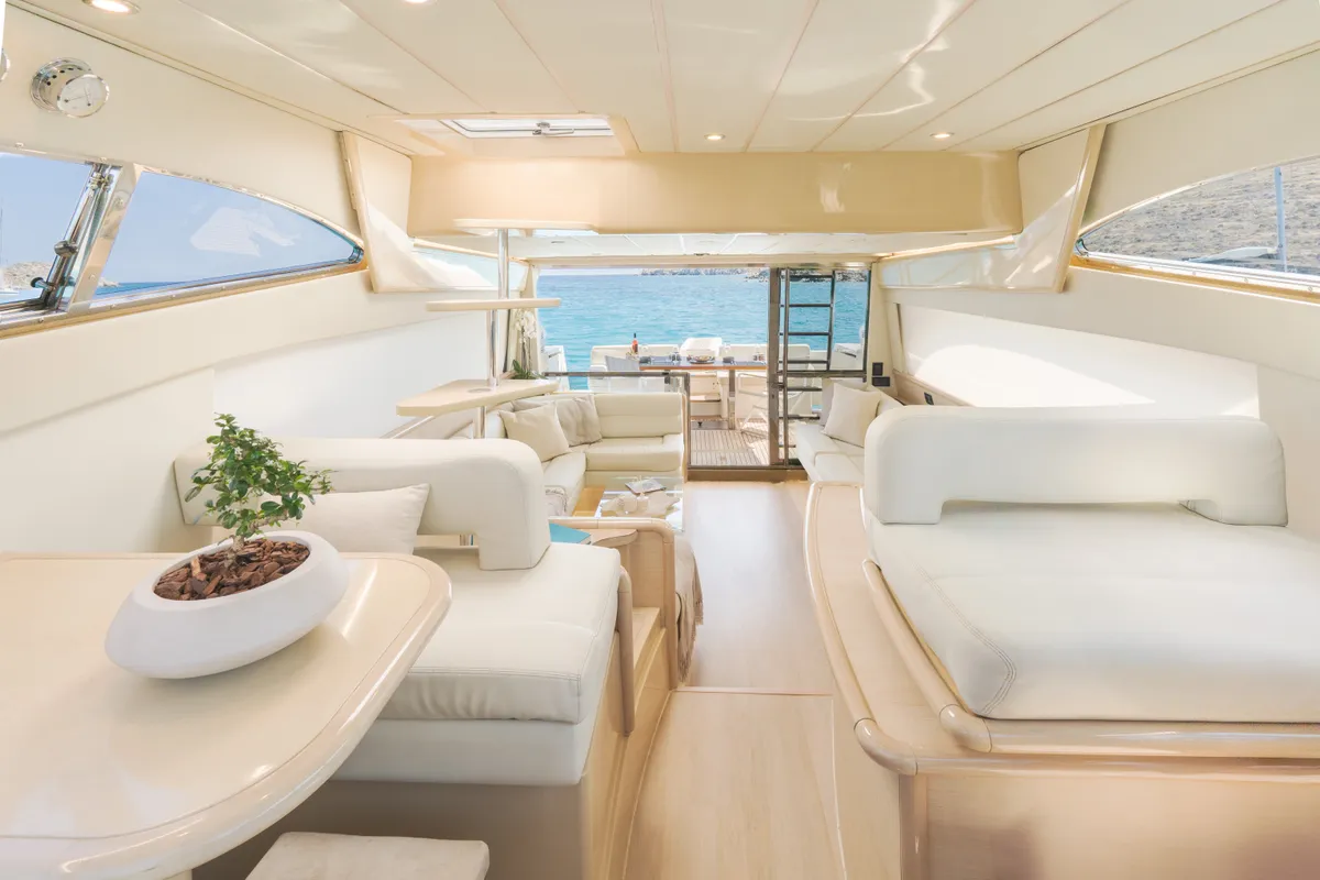 Salon of Secret, a Ferretti 53 motor yacht at Mykonos, Greece