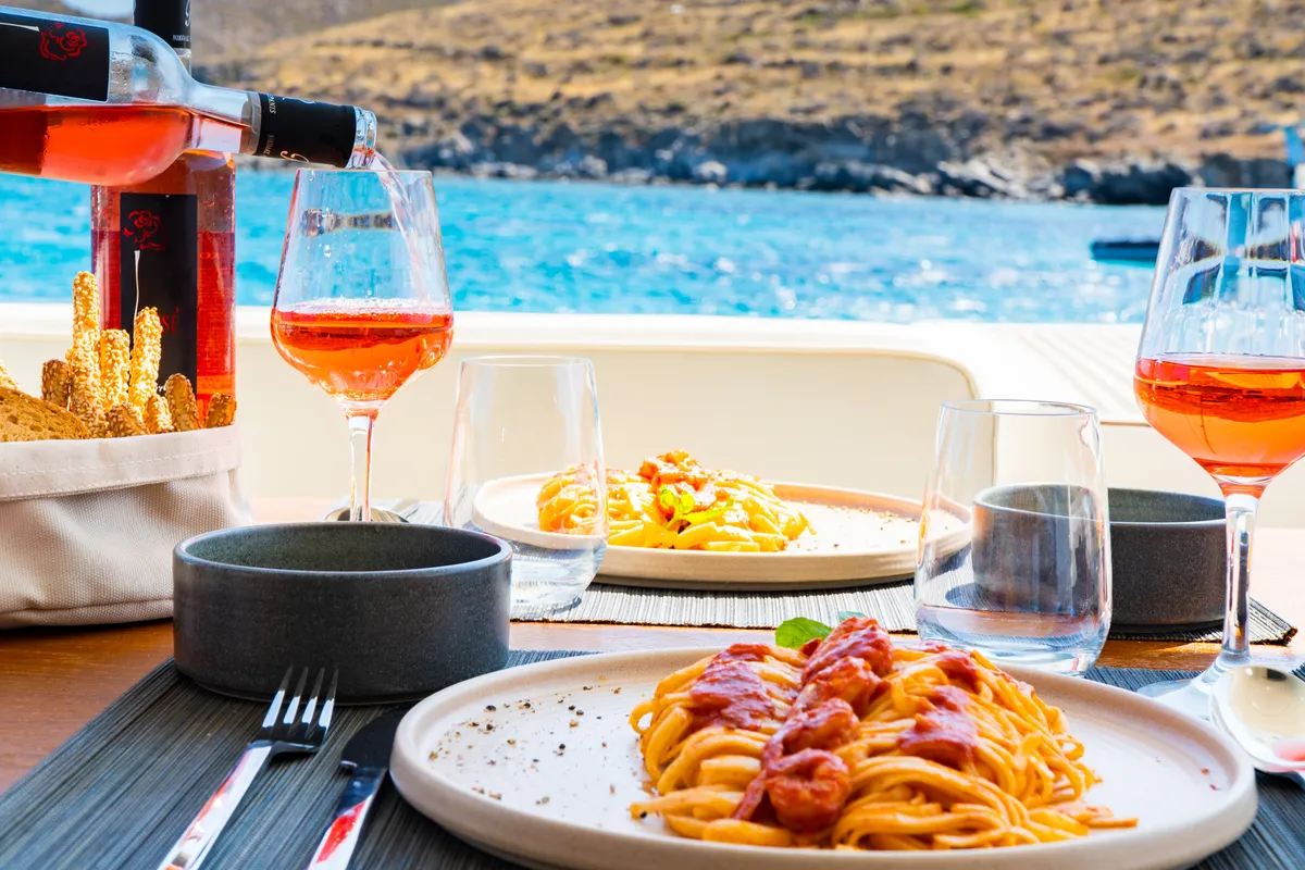Deck of Secret, a Ferretti 53 motor yacht at Mykonos, Greece
