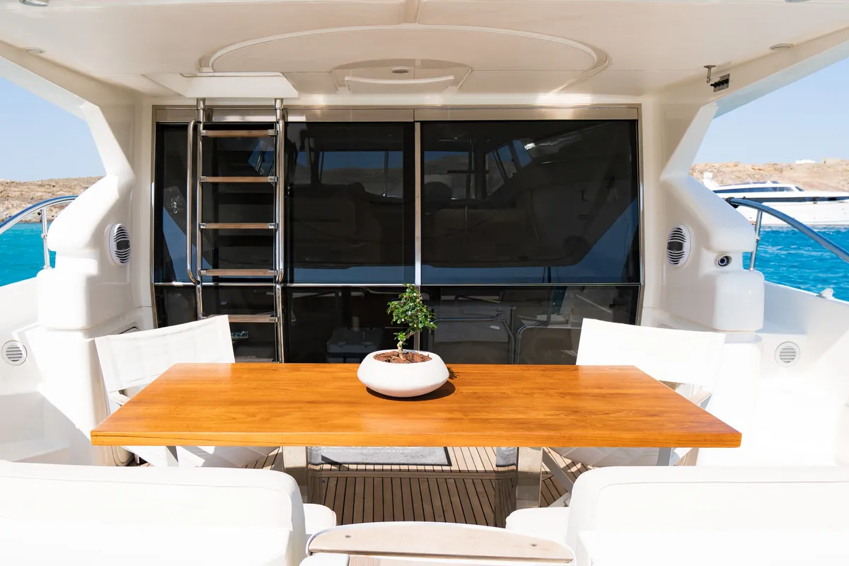 Deck of Secret, a Ferretti 53 motor yacht at Mykonos, Greece