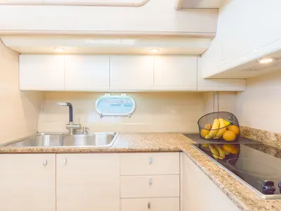 Galley of Secret, a Ferretti 53 motor yacht at Mykonos, Greece