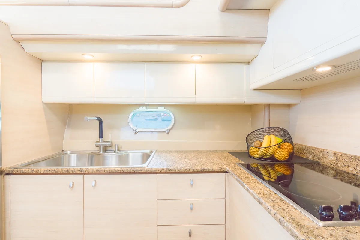 Galley of Secret, a Ferretti 53 motor yacht at Mykonos, Greece