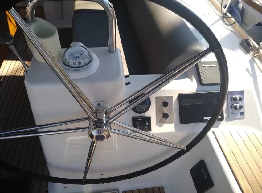 Cockpit of Elsa, a Dufour 460 GL sailboat at Kontokali, Greece