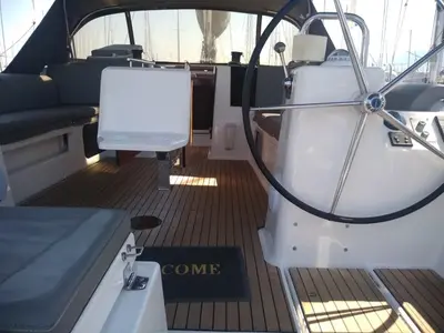 Cockpit of Elsa, a Dufour 460 GL sailboat at Kontokali, Greece
