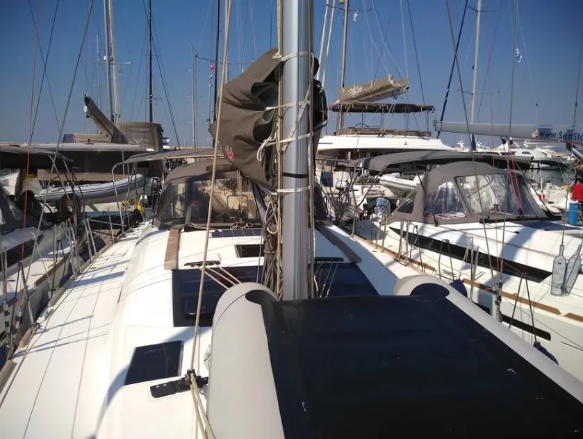 Deck of Elsa, a Dufour 460 GL sailboat at Kontokali, Greece