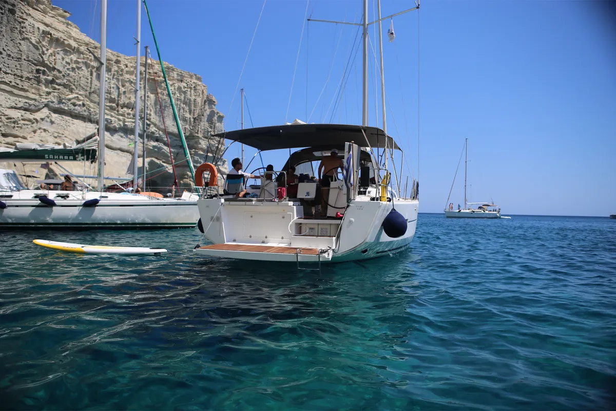 Exterior view of Elsa, a Dufour 460 GL sailboat at Kontokali, Greece