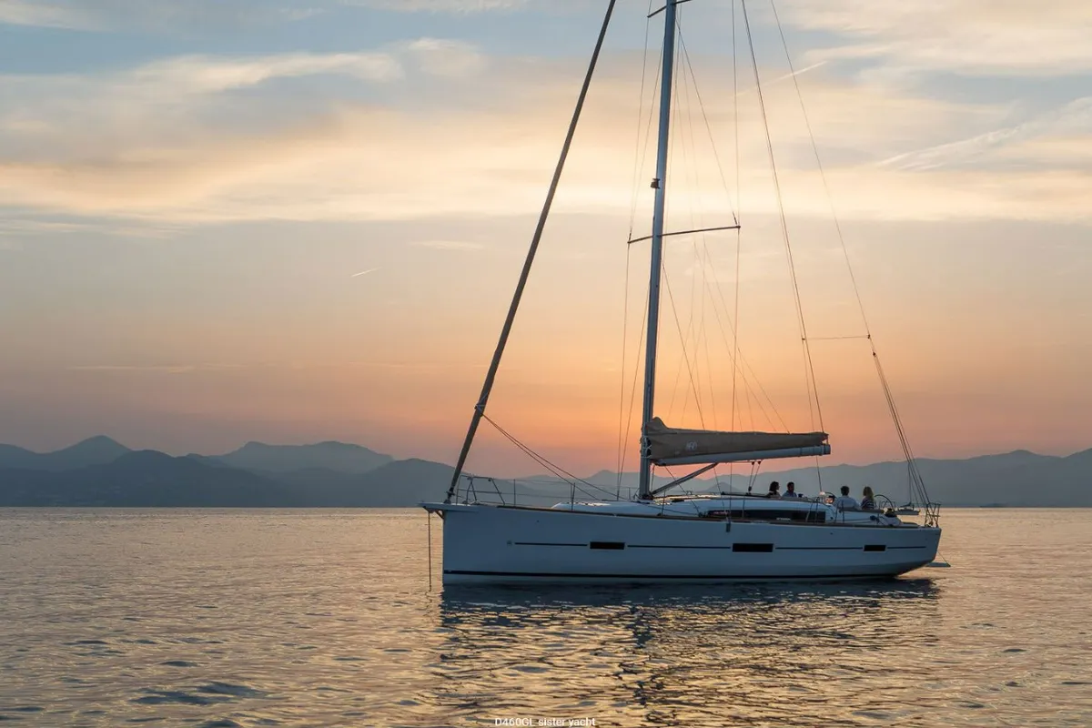 Exterior view of Elsa, a Dufour 460 GL sailboat at Kontokali, Greece