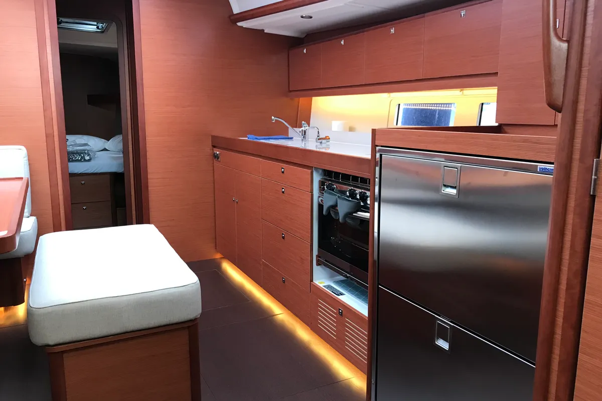 Galley of Elsa, a Dufour 460 GL sailboat at Kontokali, Greece