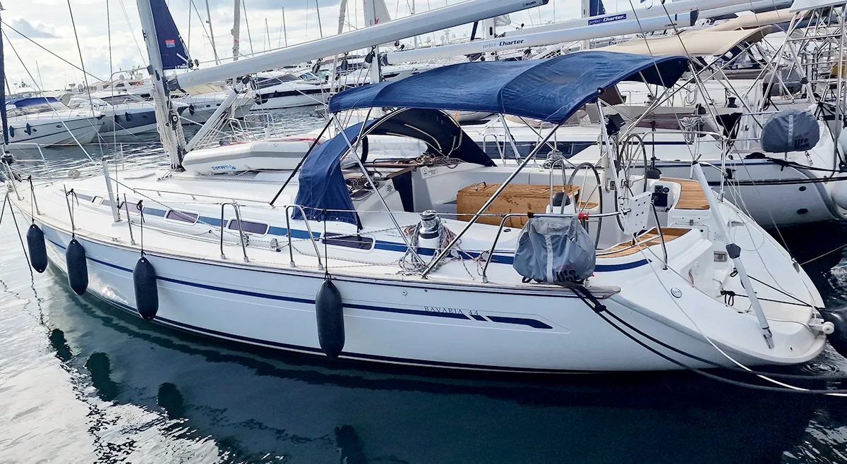 Exterior view of Gin, a Bavaria 44 sailboat at Punat, Croatia