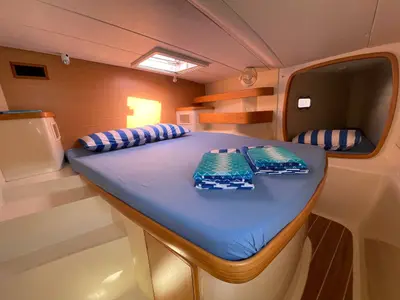 Cabin on Emocean, a Leopard 4300 catamaran at Fethiye, Turkey