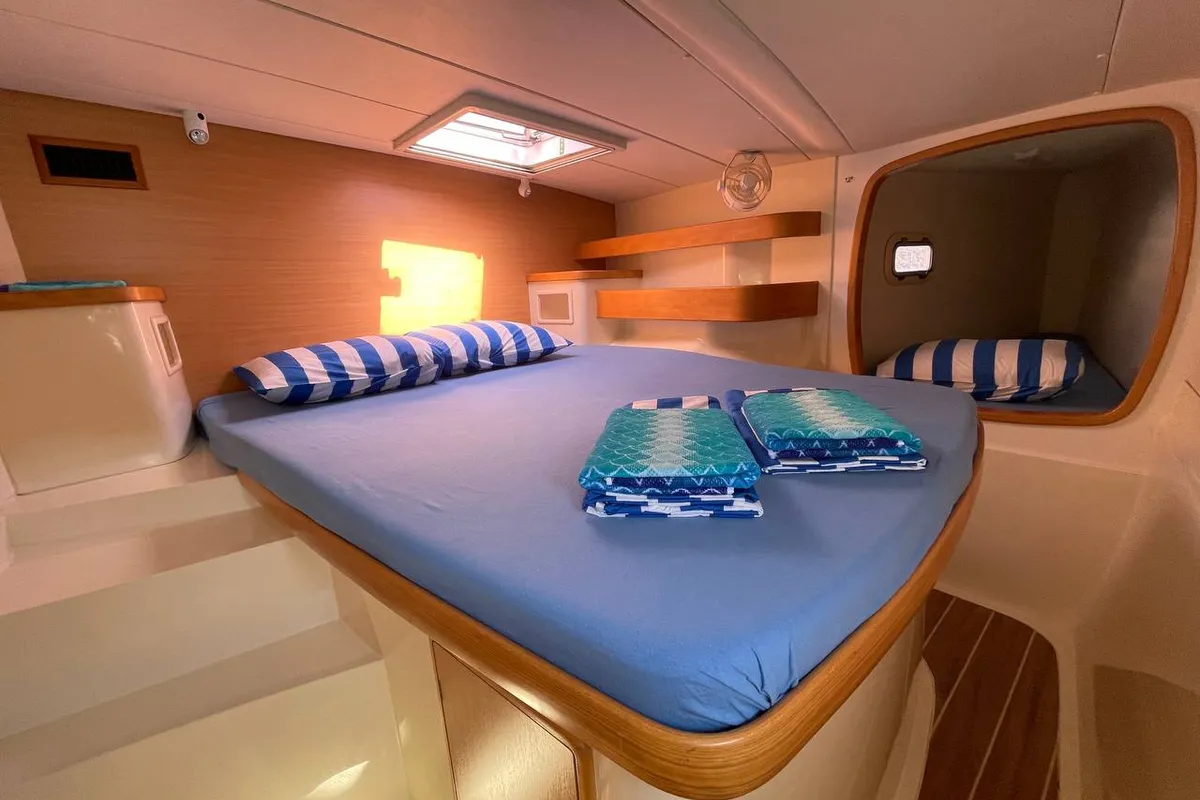 Cabin on Emocean, a Leopard 4300 catamaran at Fethiye, Turkey