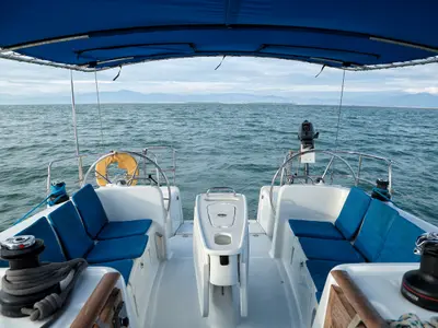Cockpit of Hermes, a Beneteau Cyclades 43.4 sailboat at Preveza, Greece