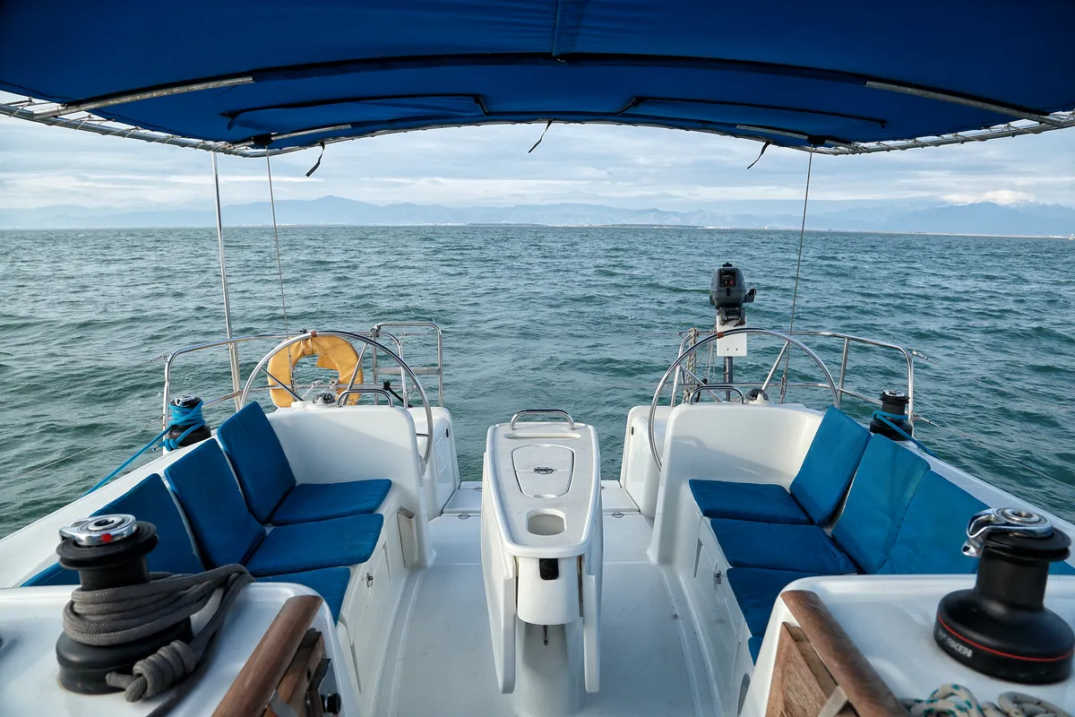 Cockpit of Hermes, a Beneteau Cyclades 43.4 sailboat at Preveza, Greece
