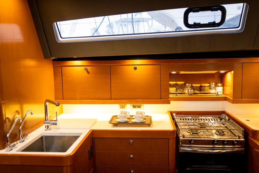 Galley of Ultreya, a Beneteau Oceanis 60 sailboat at Municipal Unit of Lefkada, Greece