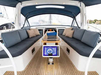 Cockpit of Ultreya, a Beneteau Oceanis 60 sailboat at Municipal Unit of Lefkada, Greece