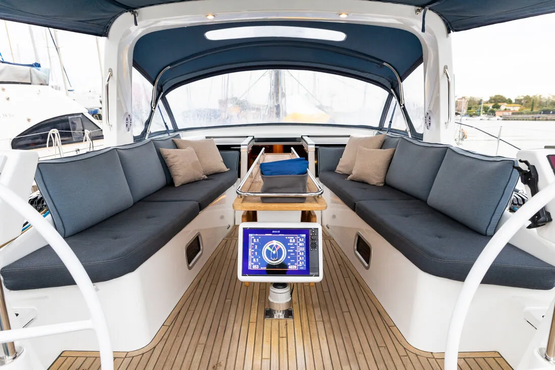 Cockpit of Ultreya, a Beneteau Oceanis 60 sailboat at Municipal Unit of Lefkada, Greece