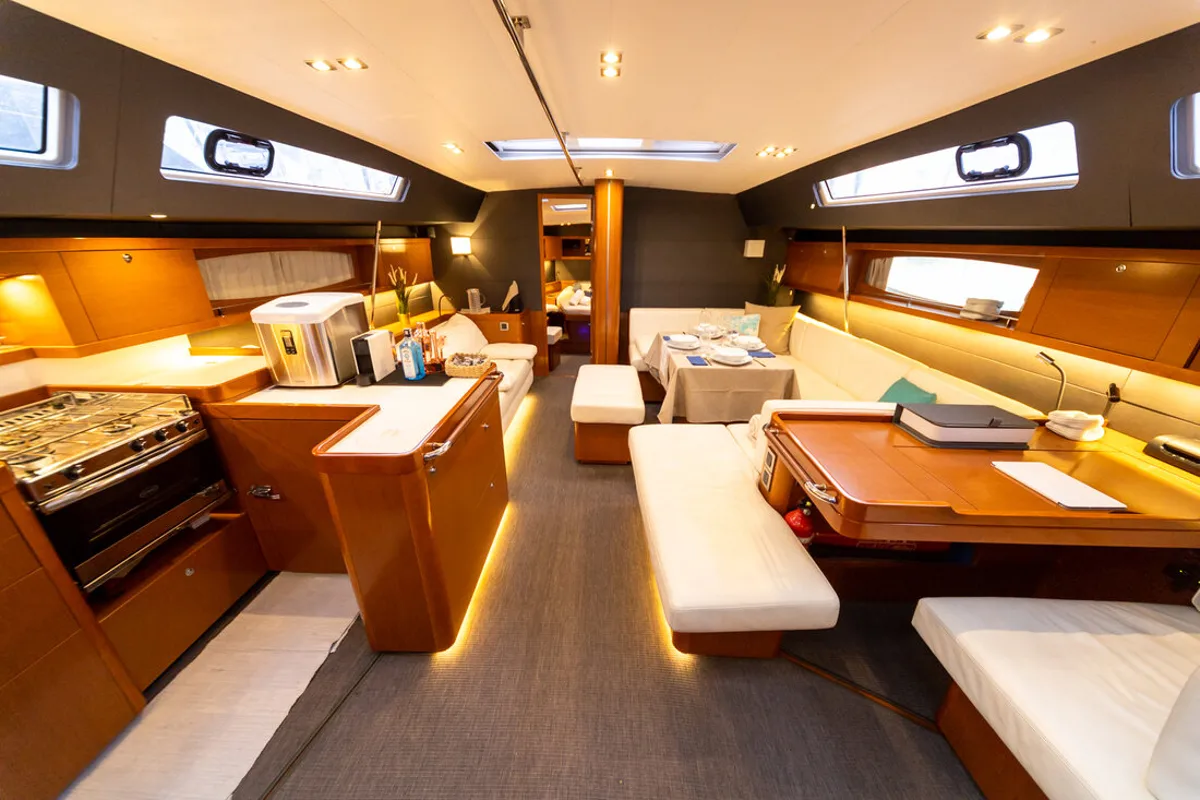 Salon of Ultreya, a Beneteau Oceanis 60 sailboat at Municipal Unit of Lefkada, Greece