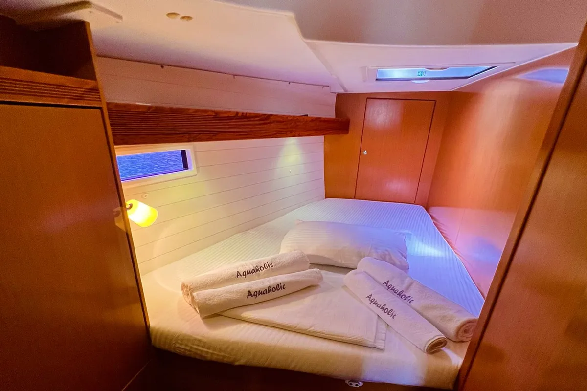 Cabin on Aquaholic, a Bavaria Cruiser 45 sailboat at Fethiye, Turkey