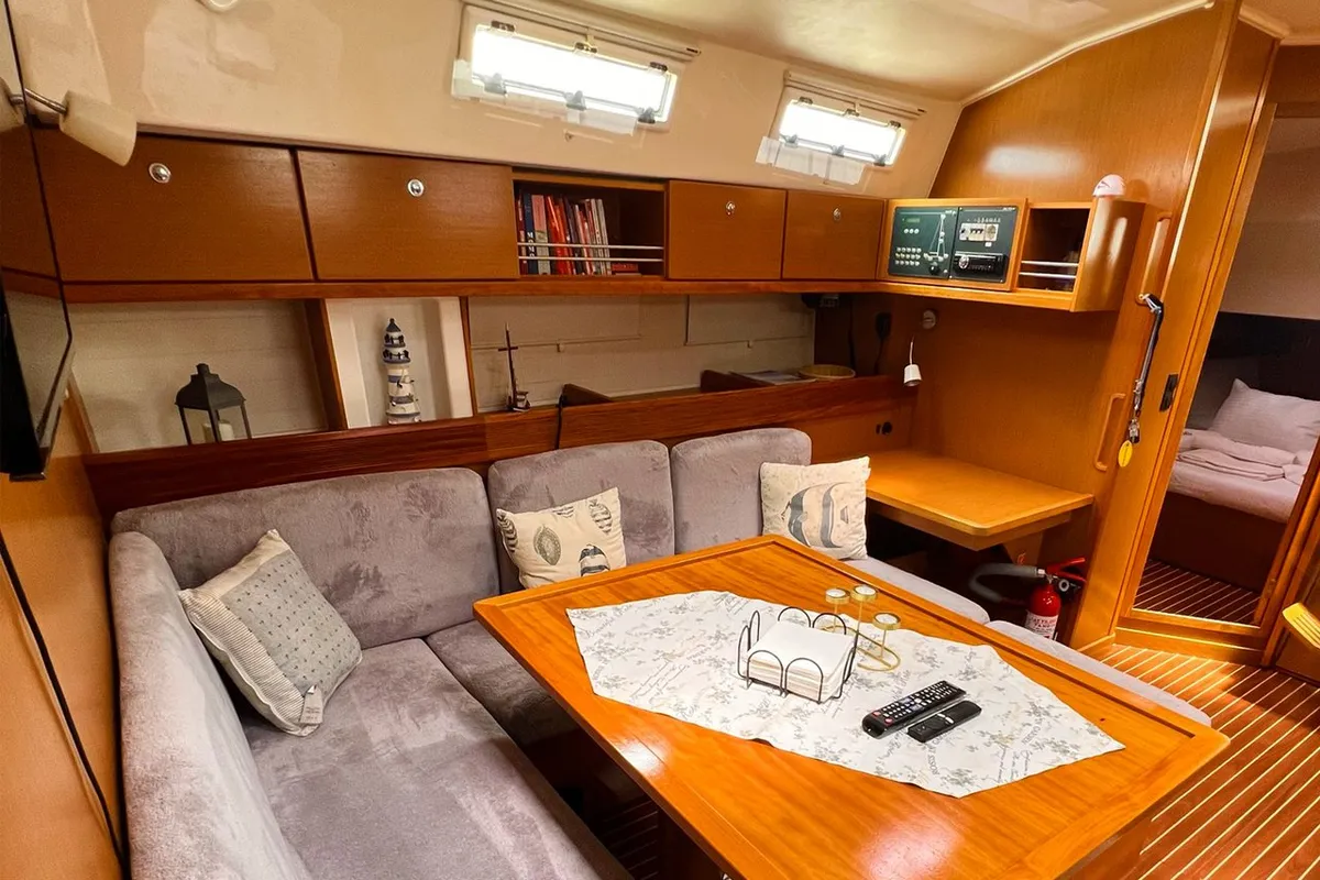 Salon of Aquaholic, a Bavaria Cruiser 45 sailboat at Fethiye, Turkey