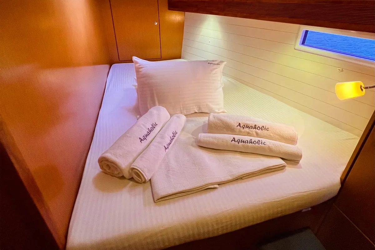 Cabin on Aquaholic, a Bavaria Cruiser 45 sailboat at Fethiye, Turkey