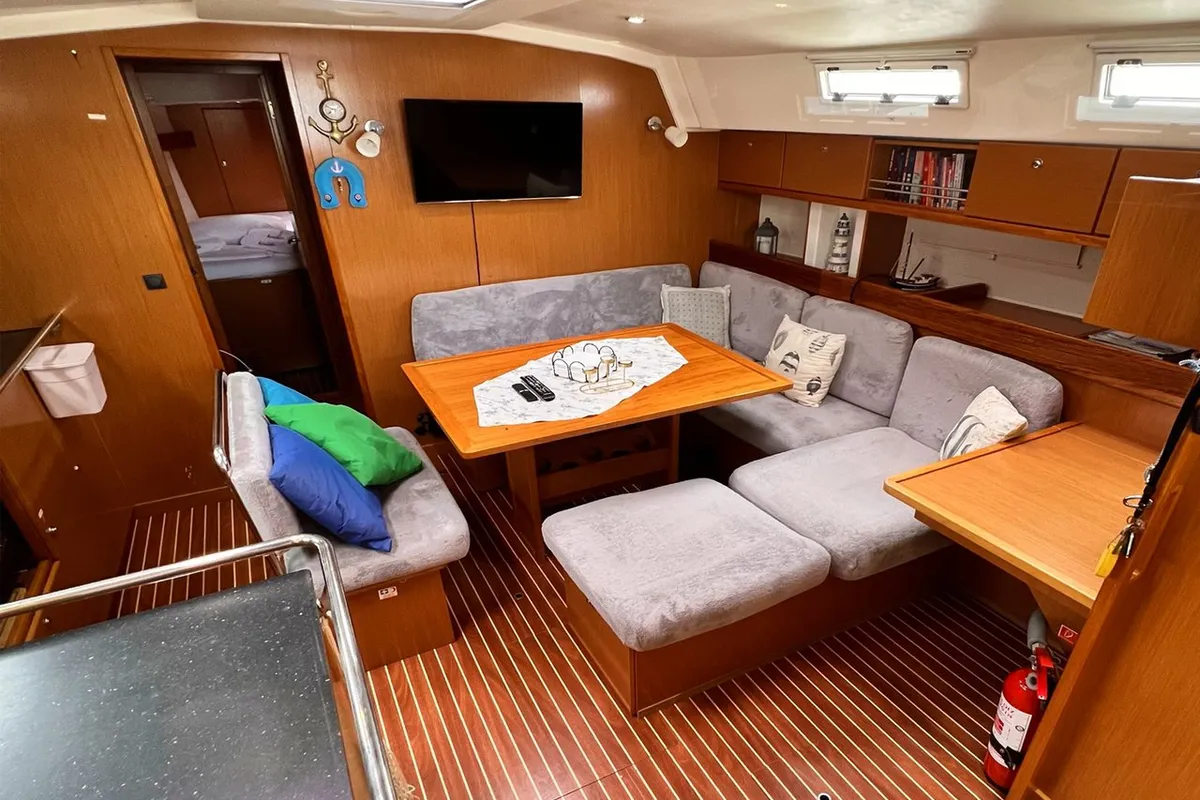 Salon of Aquaholic, a Bavaria Cruiser 45 sailboat at Fethiye, Turkey