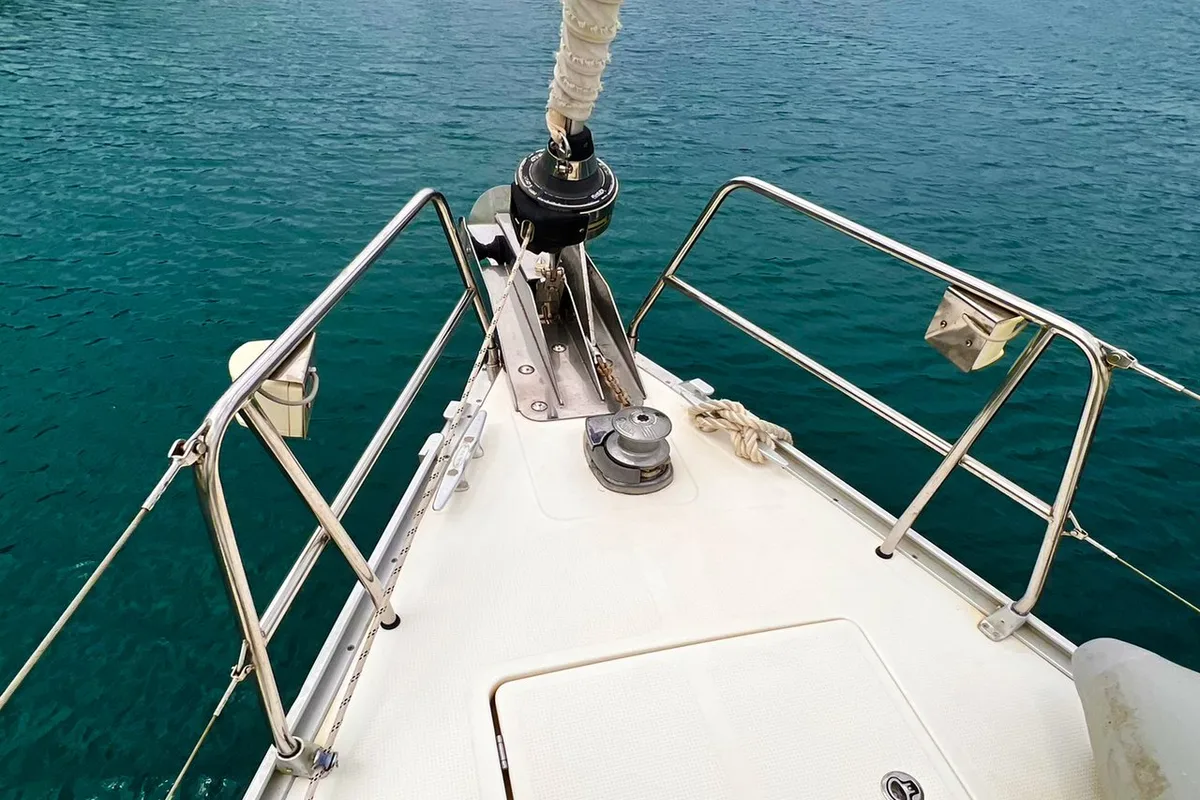 Deck of Aquaholic, a Bavaria Cruiser 45 sailboat at Fethiye, Turkey