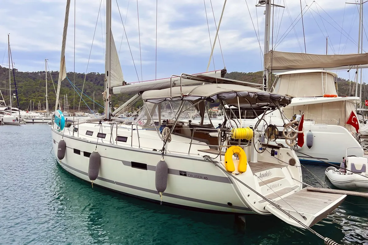 Exterior view of Aquaholic, a Bavaria Cruiser 45 sailboat at Fethiye, Turkey