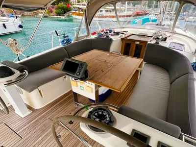 Deck of Aquaholic, a Bavaria Cruiser 45 sailboat at Fethiye, Turkey