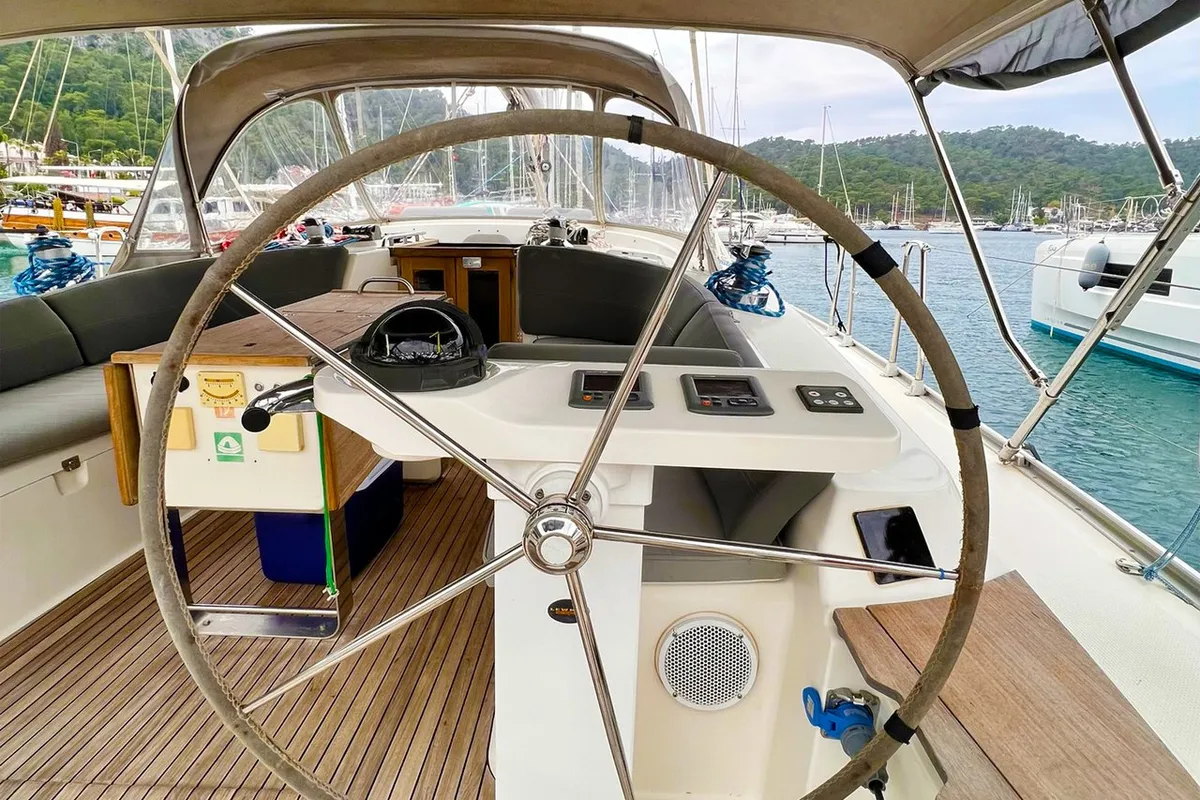 Cockpit of Aquaholic, a Bavaria Cruiser 45 sailboat at Fethiye, Turkey